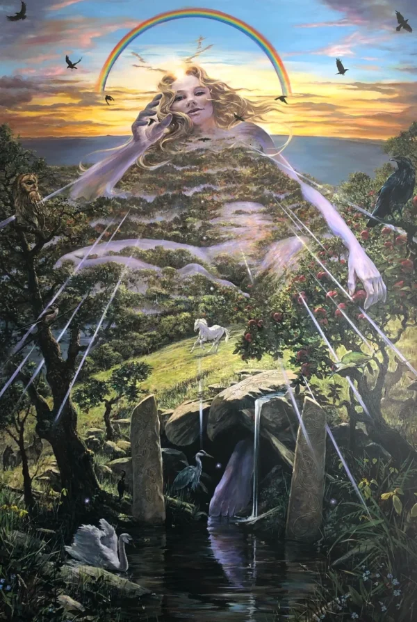 She is the Sacred land of Avalon fabric print on chiffon.